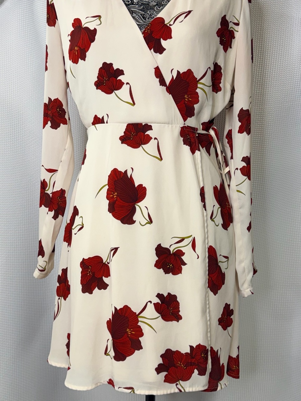 Lush Cream Wrap Dress with Red Floral Print